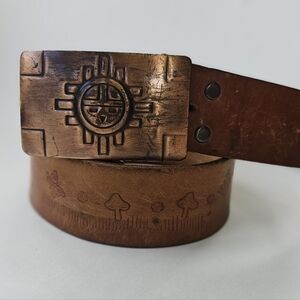 Vintage Copper Aztec Sun Belt Buckle Western Southwest With Stamped Leather Belt